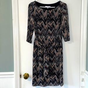 studio one new york lined earth tone chevron 3/4 sleeve dress & attached sash 12